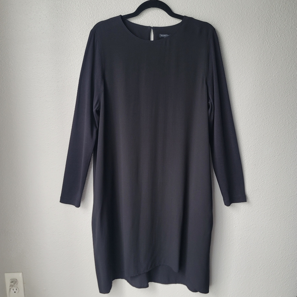 Eileen Fisher Silk Contrast Long Sleeve Shift Dress Size Large In Black